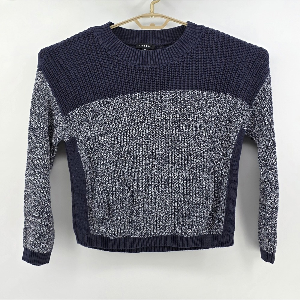 Tribal Women Sweater Size L Large Navy Blue White Color Block Cotton Knit